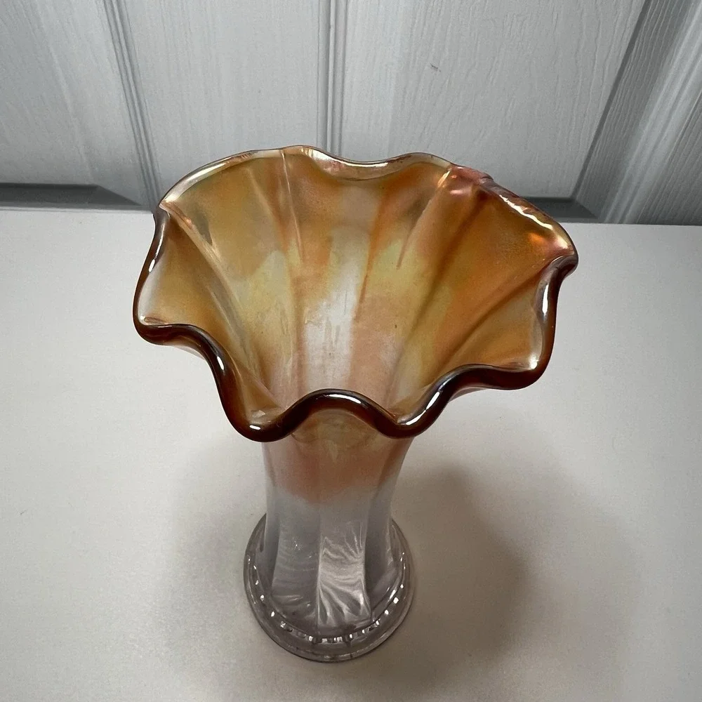 Carnival Glass‎ Iridescent Marigold Ruffled Vase Vintage